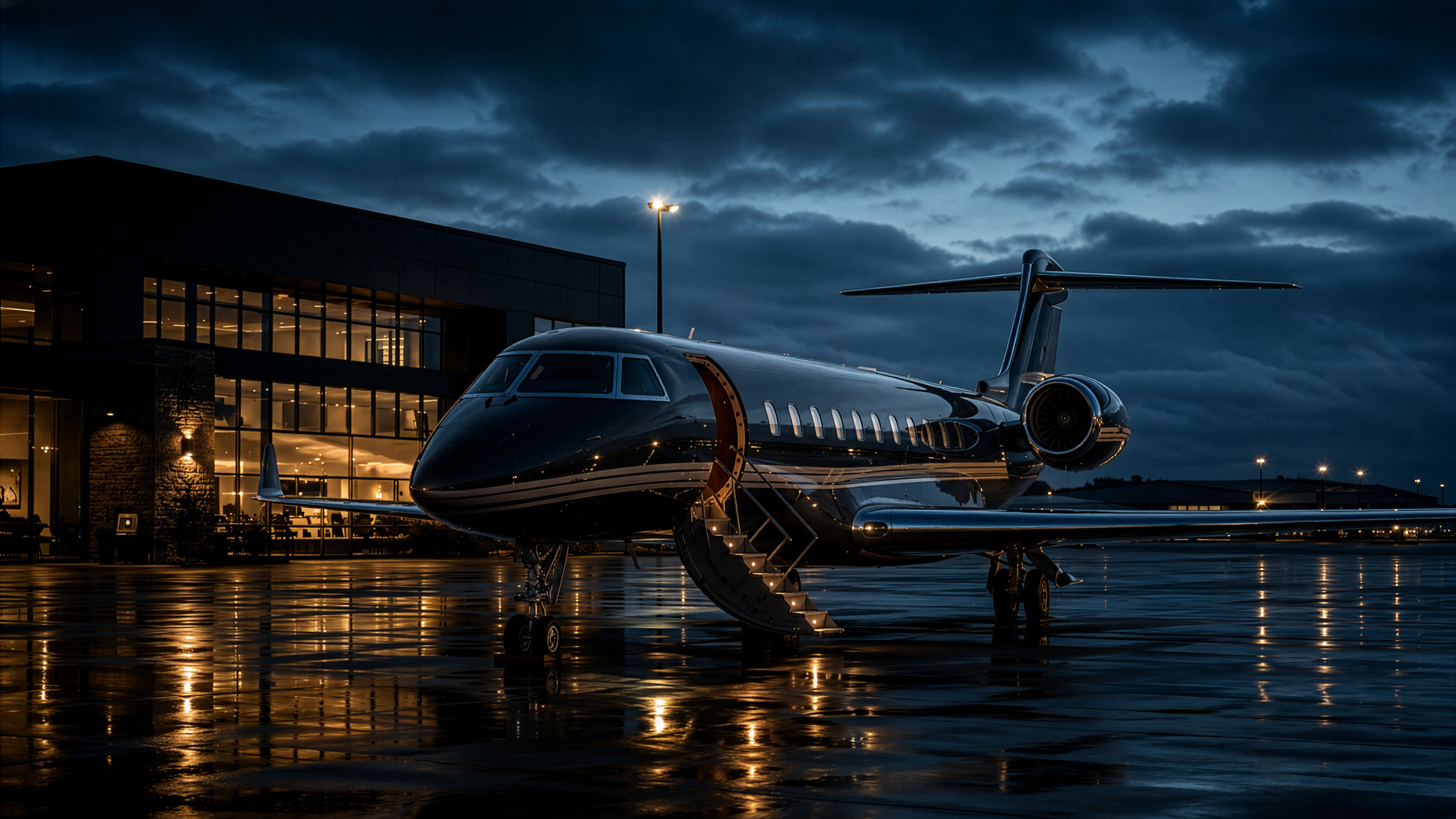 Private aviation tarmac at dusk